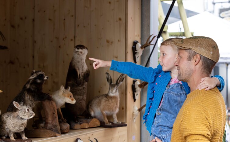 Happy Family Day Kind mit Vater zeigt auf Wildtiere