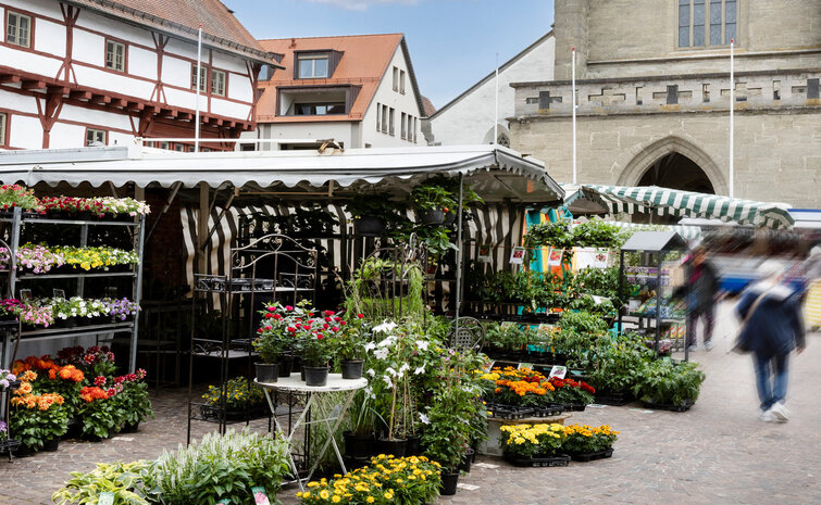 Blumenhändler auf dem Wochenmarkt in Bad Saulgau