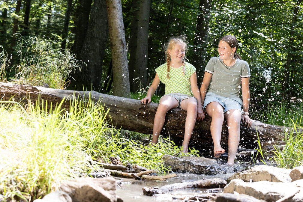 Zwei Mädchen sitzen auf einem Baumstamm.